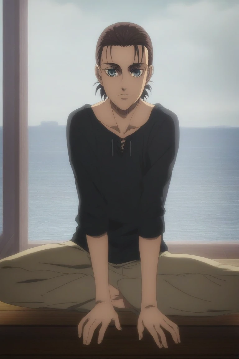 score_9, score_8_up, score_7_up, source_anime, rating_safe, , anime screencap, anime coloring, official style, looking at viewer, , 1boy, solo, male focus, eren_yeager_s4, brown hair, blue eyes, short hair, hair bun, single hair bun, black Jersey, rule of thirds, lake, indoors, stretching, naughty smile, ,