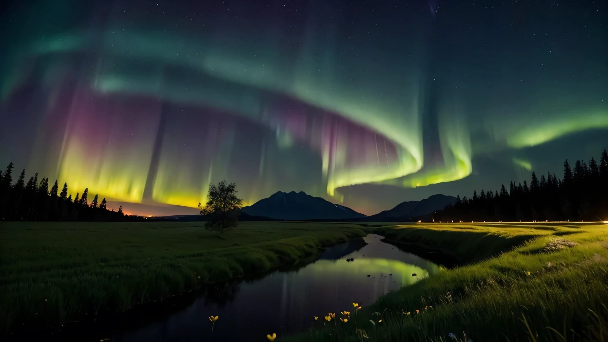 Flowers,Rose,shadow,aurora,night,meteor,Bright Moon,grassland,Puddles,cure,Aesthetic,unmanned