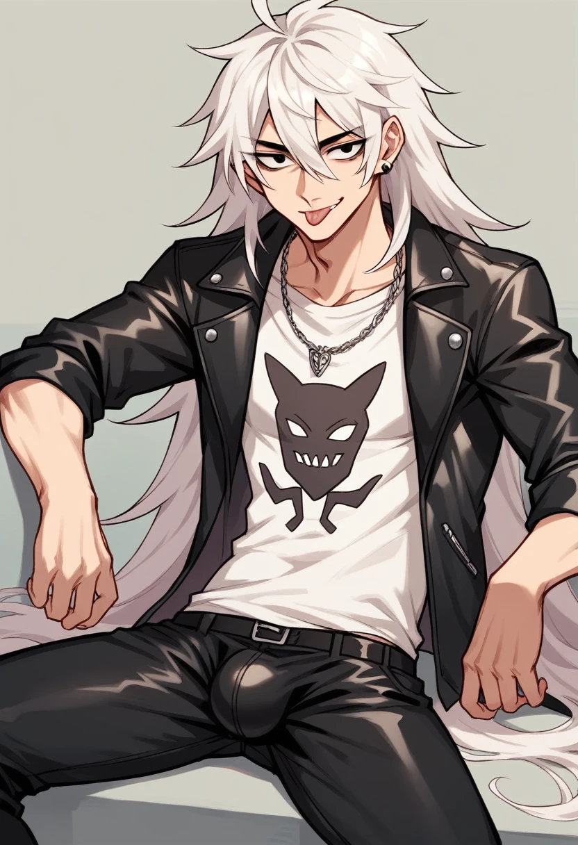 A young man of 25 years, defined body, very long hair, messy top, black eyes, very beautiful, defined beauty, smile flirtatiously, rocker, black leather jacket, black t-shirt, worn black pants, sitting sexually, sticking out tongue, Flirty attitude, bulge in pants, 