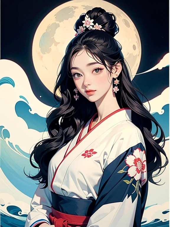 (Highest quality、masterpiece、High resolution、8K)、Ukiyo-e、Vibrant colors、1 female、The kimono has a vivid floral pattern on a white background.、Katsushika Hokusai、White waves and Mt. Fuji、White waves, the moon and a woman、White waves, a boat and a woman、White waves and a woman、Long Black Hair、White waves and a womanとカモメ、Official Art、Detailed CG、