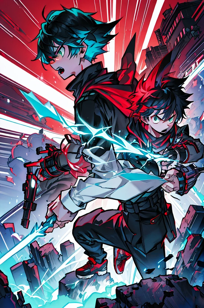 1boy, serious, angry expression, open mouth, teal color hair, cool wavy hairstyle, green eyes, wearing white shirt, wearing long black scarf, wearing black ripped jeans, wearing unique red shoes, blue electricity coming out of hands, crossing arms, attacking fighting position. 1boy, back side view, serious, angry expression, gritting his teeth, purple hair, white hair bangs highlight, red eyes, wearing dark cherry color sweater, wearing small black and white chest armor, wearing black baggy trousers, wearing dark red and white futuristic shoes, holding futuristic revolver on right hand pointing, revolver surrounded with blue electricity, left arm in front, offensive fighting position night time, destroyed city background, high res, ultrasharp, 8K, masterpiece.