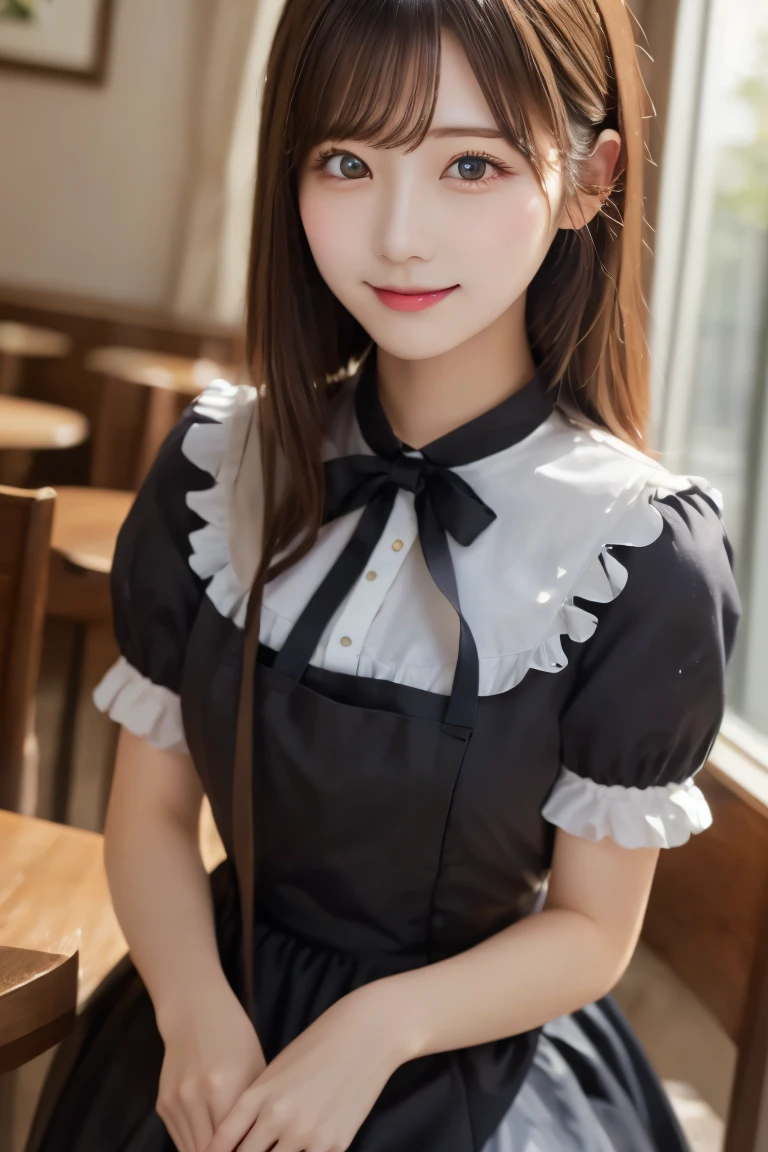 Highest quality, (beautiful)、Extremely delicate eye design、Brown maid outfit、Soft 、Cafe