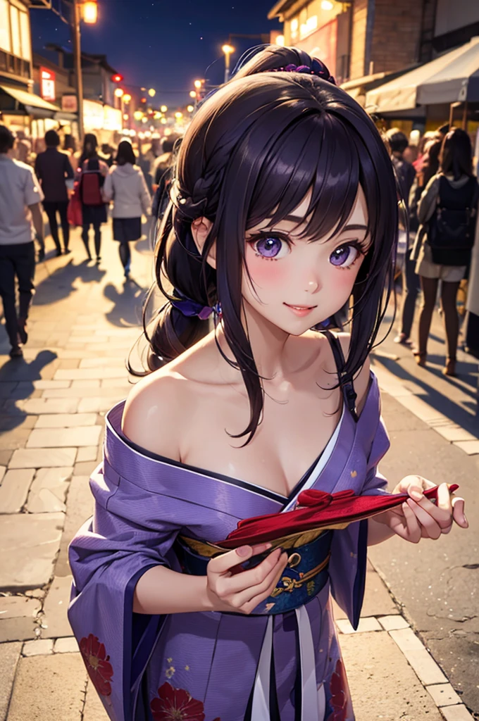 (Best Quality,High resolution,8K,finelity detailed background,Masterpiece:1.2),beautiful girl,Shiny purple hair,pony tail,Beautiful purple eyes,Gentle look,A refreshing look,Best quality,Best Quality,Aesthetic and aesthetic:1.2,Best details((Super detailed))(High-definition CG illustrations),cute浴衣,Slender body,night,Fireworks display,Fireworks in the background,Fireworks,Japanese Festivals,street vendors,smile,blush,cute,Scrounge,Looking up,Being spoiled,super model,