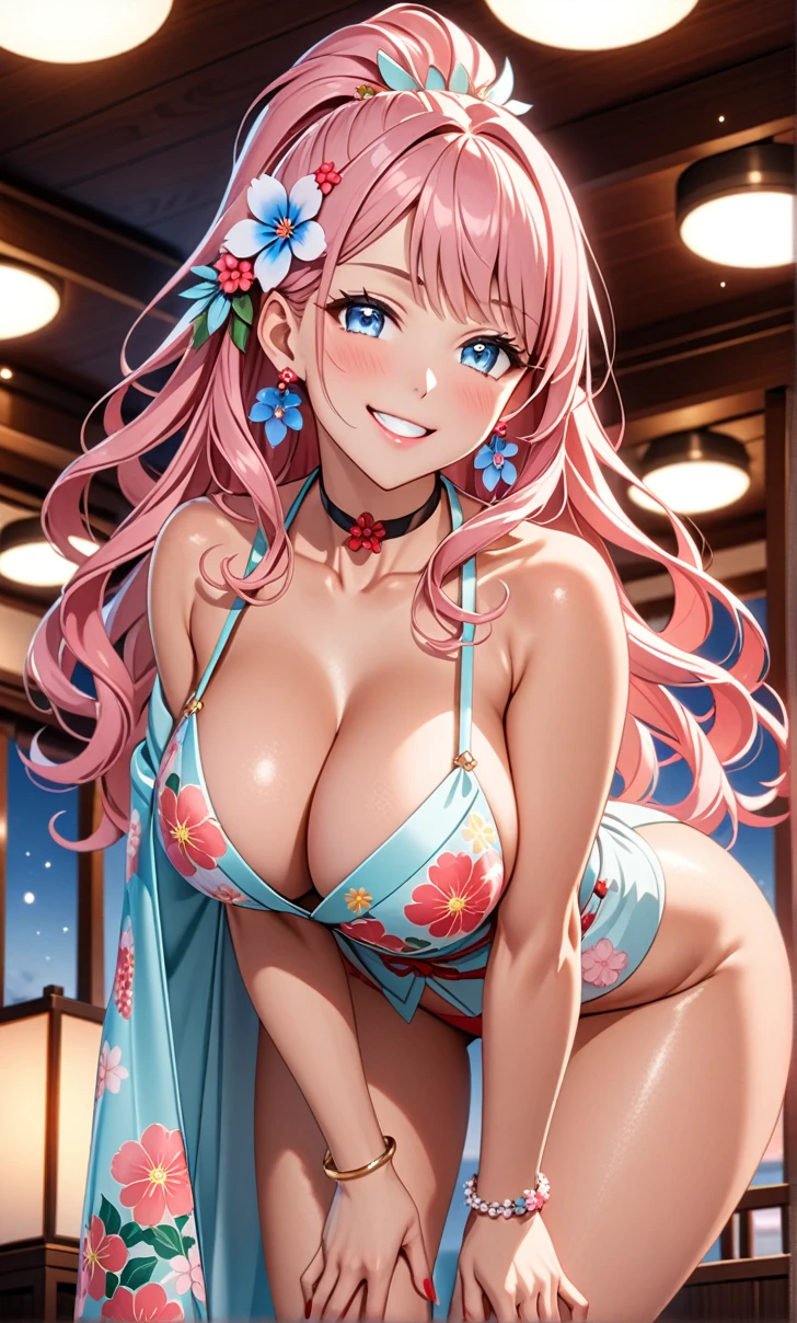 ultra-detailed, ((one girl)), tan skin improved, hyper detailed, absurdres, 8K, Beautiful Face, (Laugh shyly), ((teasing smile:1.8)), (tan skin:1.3),((Wink:1.7)), (Laugh with your mouth wide open),((Tilt your head:1.6)), View your viewers, ((Bright red cheeks:1.6)),Glossy Red Lips, ((Big Breasts:1.4)), ((show off breast:1.4)), (erect nipples), night, An observation deck overlooking the sea, (Brighten your face), ((Anime style background)),masterpiece, Highest quality, so beautiful,Latest, Complex details, (Pink long nails), (nail art), (ring),(bracelet), (Floral Choker),AI-generated, Complex,High resolution, Highest quality, super high quality,3D Images、3D Images,One person,Pastel pink long hair,(High Ponytail), (wavy hair:1.3), Pastel anime woman posing for a photo, ((Fine grain、blue eyes、glowing eyes:1.4)), (Squint your eyes:1.1),a hyperRealistic , hyperRealistic , Realistic,Anime woman with long pastel pink hair, Smooth anime CG art, A girl in a gorgeous pastel-colored kimono, ((undressing)), ((Pastel-colored furisode)),(Pink large floral pattern) ,Long flower hair ornament,Floral Earrings,Mature Body, tall,Abdominal muscles,Tight waist, ((leaning forward:1.3)), (from below),
