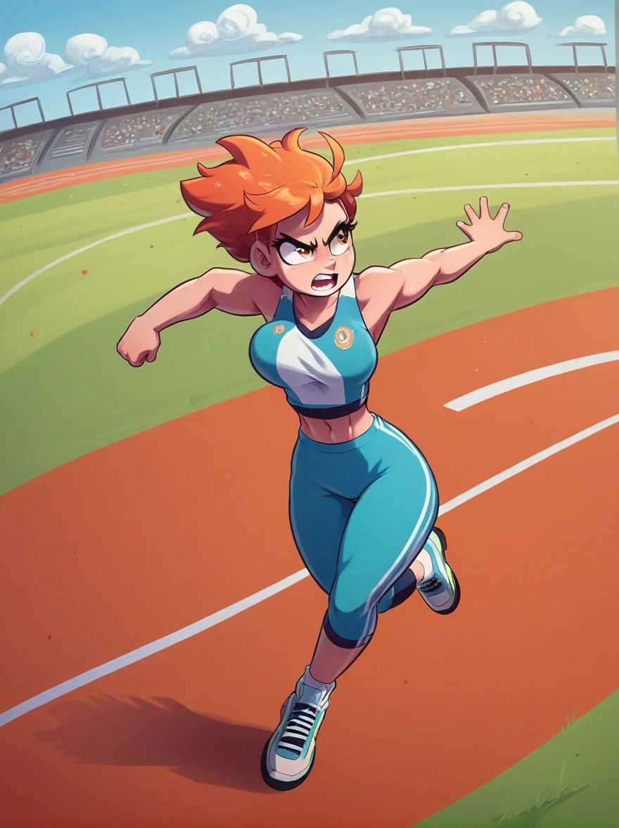 A vibrant scene appears on the professional athletics track，A fierce competition is going on,The setting sun in the background casts a warm glow on the field，The athletes are clearly visible，She is a determined girl.，25 years old，Focus on the task at hand，Her running shoes kicked up a small cloud of dust on the track，She is jumping over a hurdle.，The hurdle is a bright aluminum strip，Crossbars painted white and black，Easy to identify，Seemingly insurmountable，But that’s not the case for our athletes.，She is wearing royal blue and sportswear, her muscles are tense，Perfect posture，Jump over，(Cartoon illustration，illustration)