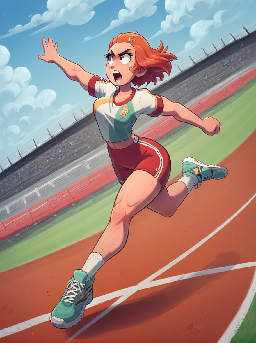 A vibrant scene appears on the professional athletics track，A fierce competition is going on,The setting sun in the background casts a warm glow on the field，The athletes are clearly visible，She is a determined girl.，25 years old，Focus on the task at hand，Her running shoes kicked up a small cloud of dust on the track，She is jumping over a hurdle.，The hurdle is a bright aluminum strip，Crossbars painted white and black，Easy to identify，Seemingly insurmountable，But that’s not the case for our athletes.，She is wearing royal blue and sportswear, her muscles are tense，Perfect posture，Jump over，(Cartoon illustration，illustration)