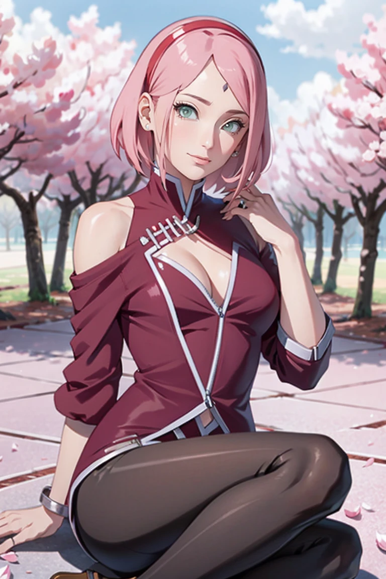 tmasterpiece， Best quality at best， 1girll， Sakura Haruno， Large breasts，Off-the-shoulder attire，（cleavage)，（upperbody closeup)，Raised sexy，is shy，ssmile，with black hair，short hair， （Green eyeballs:1.4)， Forehead protection， the cherry trees，Cherry blossoms flying，Red clothes，Zipper half, sitting on the ground