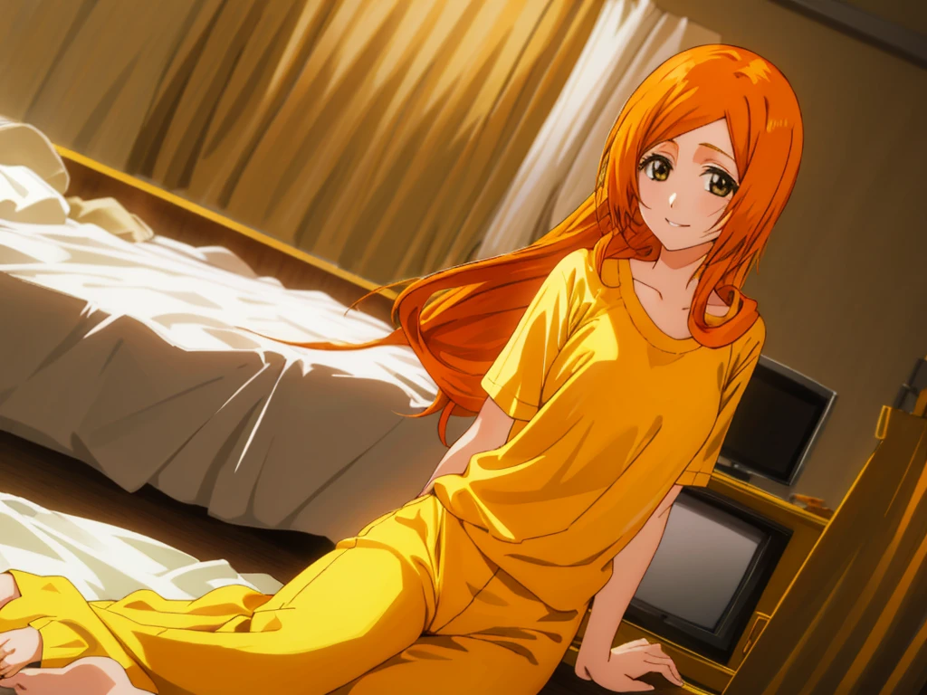 Orihime Inoue, 1girl, Single, Sitting on bed, Wearing yellow pajamas, Yellow shirt, Yellow pants, Hair between the eyes, long hair, Hair decoration, Looking at the viewer, Untidy hair, Orange hair, Single, Thighs, long hair, ((Masterpiece)), She smiles, dark room, tv in background