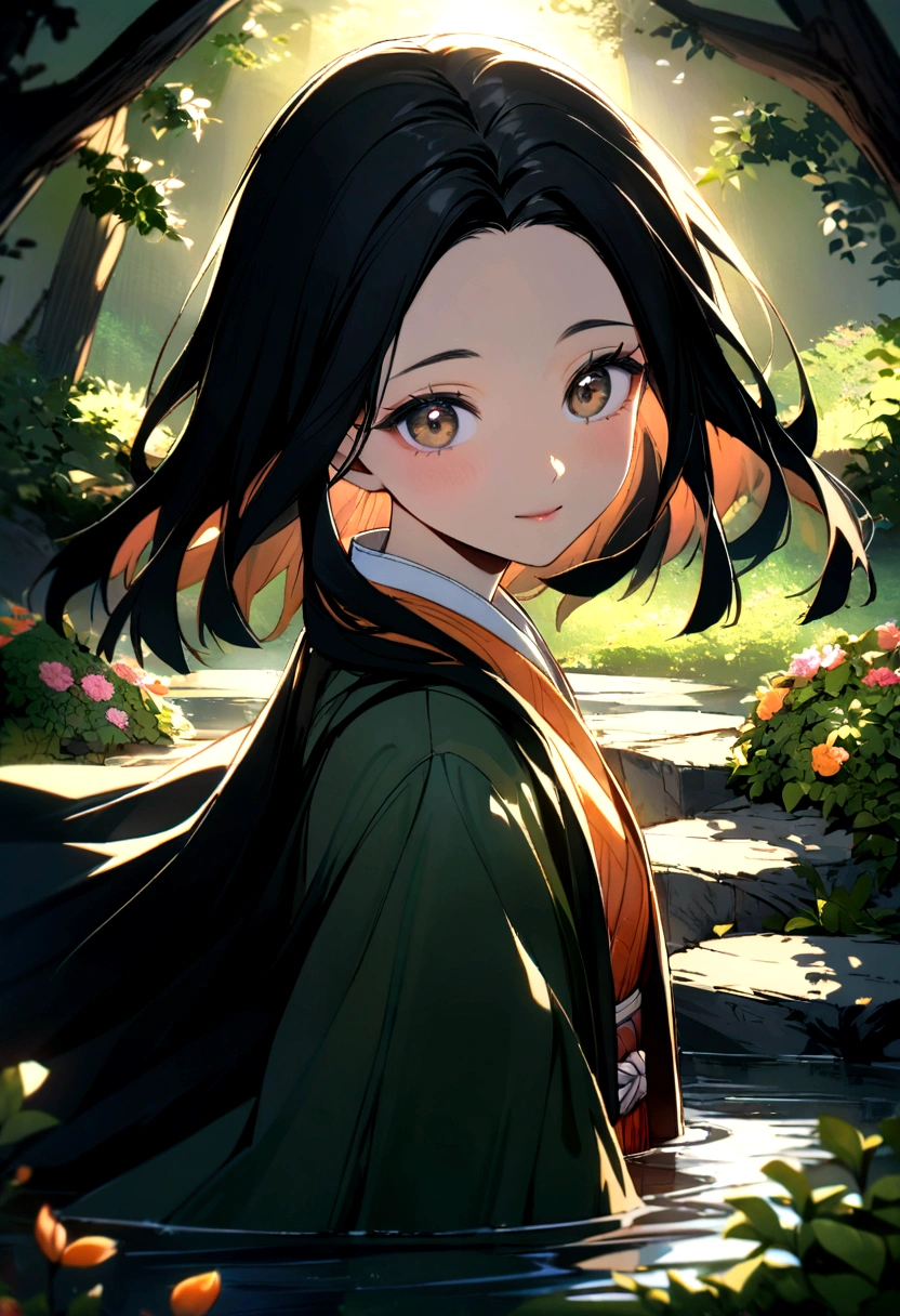 A close-up view of Nezuko from Demon Slayer, looking into the camera with a serene expression. The background features a peaceful natural setting with lush greenery, blooming flowers, and a gentle stream, creating a calm and tranquil atmosphere. Detailed textures, vibrant colors, ethereal lighting, hd quality