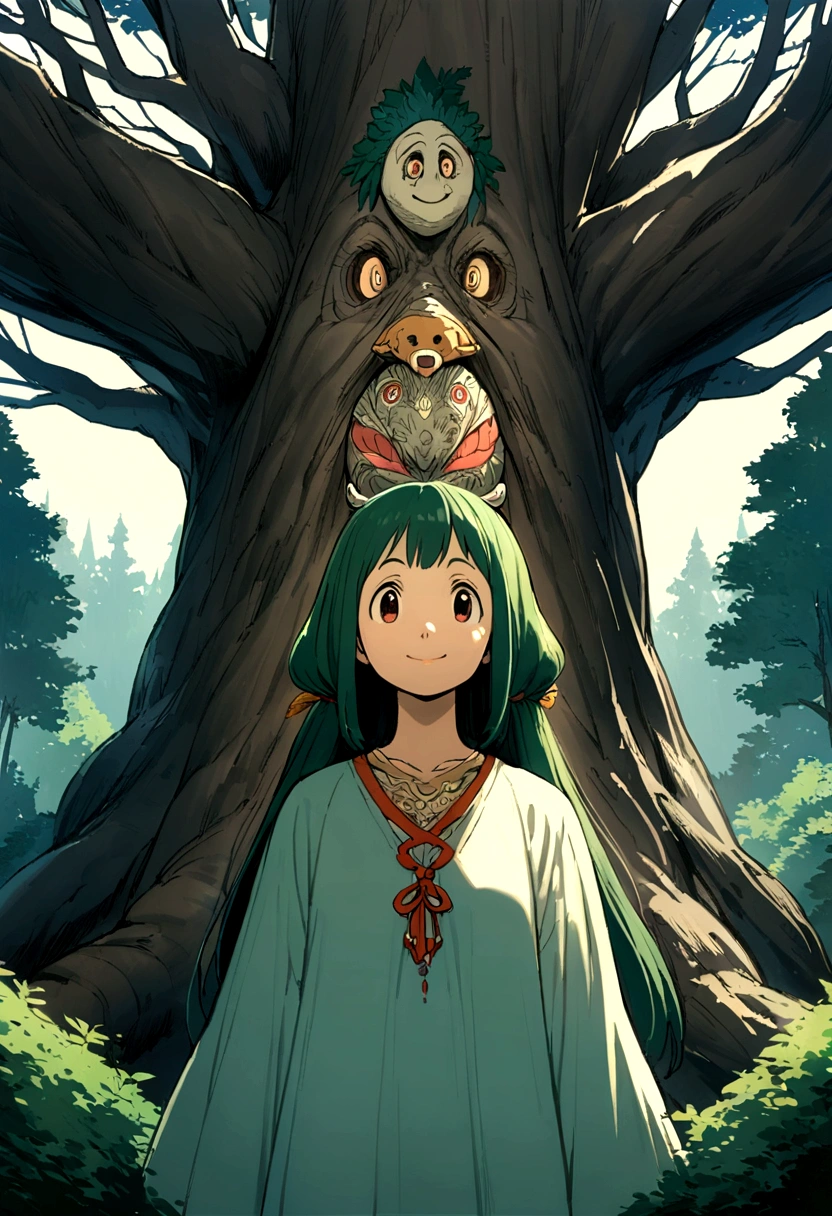 Studio Ghibli, Green Forest, big tree in the middle, smiling girl, Girl's upper body enlarged, forest spirit