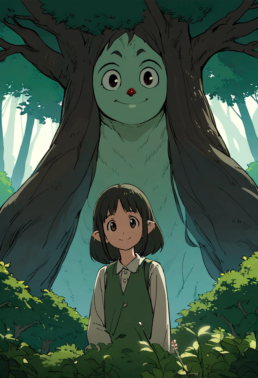 Studio Ghibli, Green Forest, big tree in the middle, smiling girl, Girl&#39;s upper body enlarged, forest spirit 