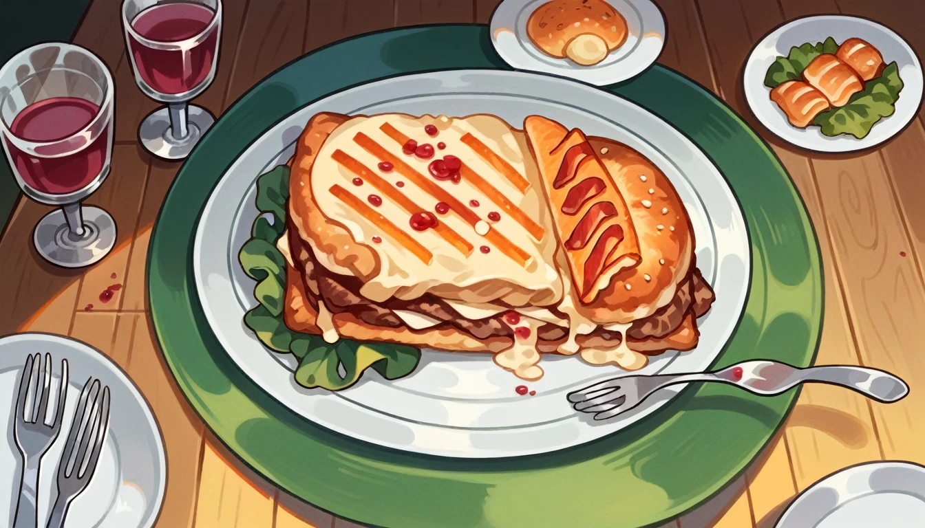 Cartoon of a table with steak and a glass of wine, Dinner table, at a Dinner table, the table is full of food, Fine dining, served on a plate, dinner scene , Family dinner, Flat Illustration, Ready to eat, [ Overhead view of the table ]!!, Offering food, food blog photo, Food Photography