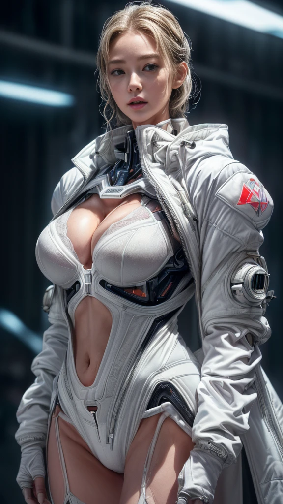 (Browsing Caution:1.2)、Very beautiful woman、Slender women、(Detailed face)、Realistic Skin、((Delicate photo)),(Girl masterpiece RAW photo details:1.25), (Highest quality:1.6), (Ultra-high resolution:1.5), (Realistic:1.75), 8K resolution, Canon EOS R5, 50mm, Absurd, Super detailed,Cinema Lighting、One Girl, 白hair,((princess_cut))、smile、((Super tight white jacket coat)), Chest Rig, cyber punk, ((Techwear)),I can see your abs、Good top、((((Big Breasts))))、((The abdomen is visible))、(((Very subtle and futuristic design)))、Digging into the crotch、((logo))、((Characters on clothing))