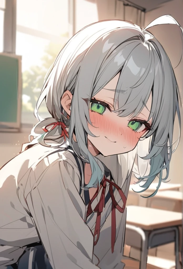 「Cute neighbor Aarya blushing in embarrassment、Anime Style、Face close-up、Long silver hair、Green Eyes、((Wear a small red ribbon on the right side of your head))、uniform、Redness on the cheeks、A shy smile、Soft pastel colors、Soft lighting、high quality、Typical Russian apartment detailed background」In the classroom、masterpiece、high quality、sketch.Ahoge