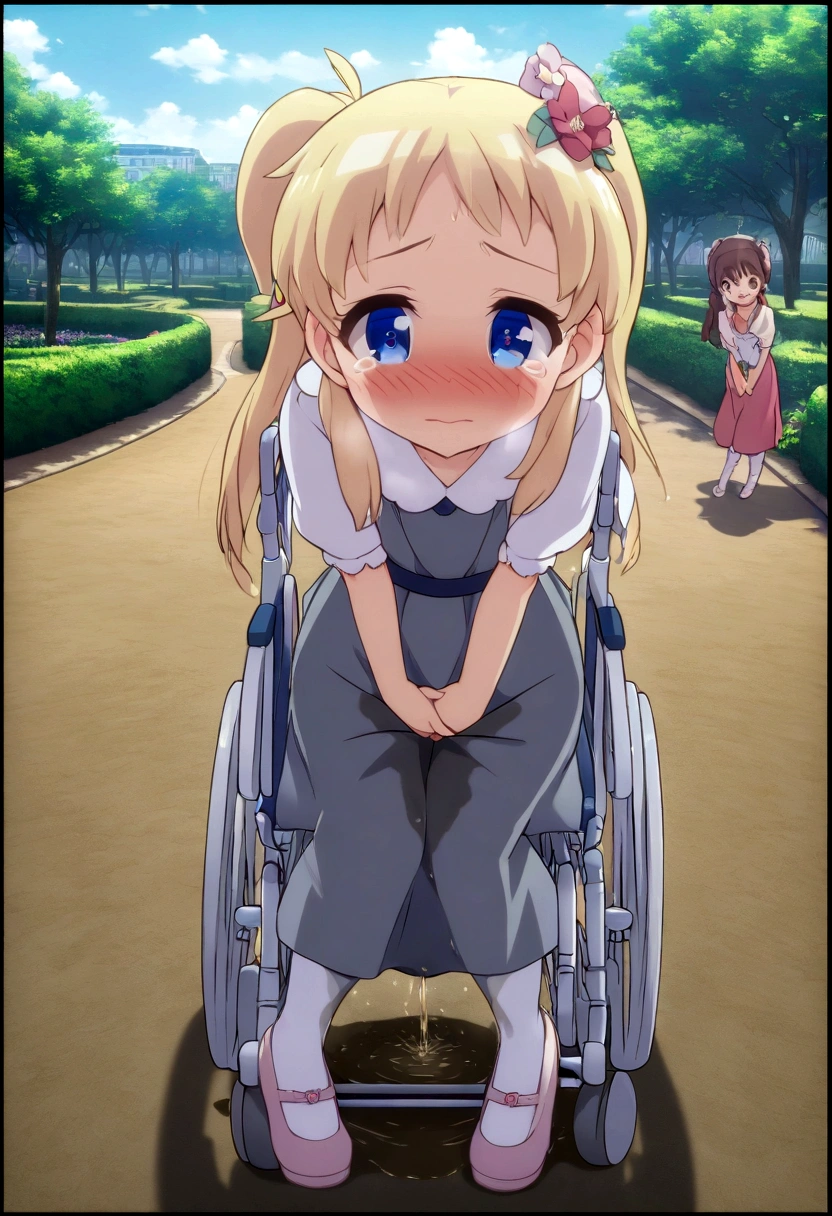 Anime. 1 girl. . . Baby. Princess. Blonde. Long hair. Blue eyes. Beautiful eyes. Perfect eyes. Expressive eyes. Eyes covered with a faded film. Blind eyes. Blind. Ideal face. Ideal anatomical body. Beautiful long legs. Beautiful body. Beautiful nose. 12 years old. Embarrassment. Blush. Beautiful character design. Shiny skin. Light white dress. Shoes. Hair decorations. Disabled person. Paralytic. Sitting. Wheelchair. Hands on crotch. Urinary incontinence. Wants to pee. She needs to pee. She has a strong, desperate urge to pee. He squeezes his crotch tightly. Rubs copper. Slight lean forward. She peed herself. Fantasy city. A park. Date. At the entrance to a public toilet. He takes off his wet panties. Tears in my eyes. Cry. Snot flows from the nose. Full body. nsfw. Official art. Extremely detailed CG Unity 8k wallpaper. Ideal lighting. Ultra high resolution 4K. Super detailed 8K. A high resolution.