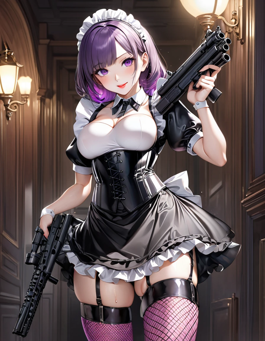 1 mature and seductive woman,(Highest quality,Extremely detailed depiction,Incredibly absurd high resolution,Anatomically accurate depiction,Two lovely hands, Five perfect fingers,Curvy Legs),(Glowing Skin,Shiny skin,Oilskin),((Maid armed with firearm)),(black and white maid outfit,Maid Skirt,corset,Fishnet tights,Automatic rifle),eyelash,(Purple Eyes,There is cleavage in the chest,Bewitching Smile,Glossy lipstick,),Sweat,(whole body),(background:Mansion),Gunfight,Get on your knees and hold your gun