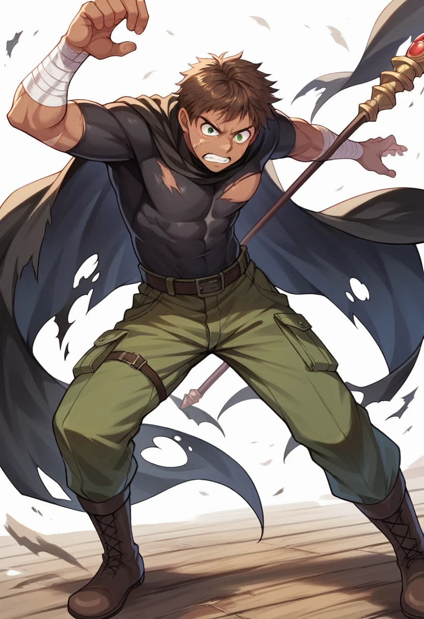 source_anime, score_9, score_8_up, score_7_up, score_6_up, score_5_up, score_4_up, masterpiece, best quality, detailed, 8k, brown hair, green eyes, man, 1boy, solo standing, fighting stance, magician, ripped cloak, torn cloak, holding a wooden staff, black skin tight shirt, bandaged arms, boots, cargo pants, scared face, scars, tanned skin,
