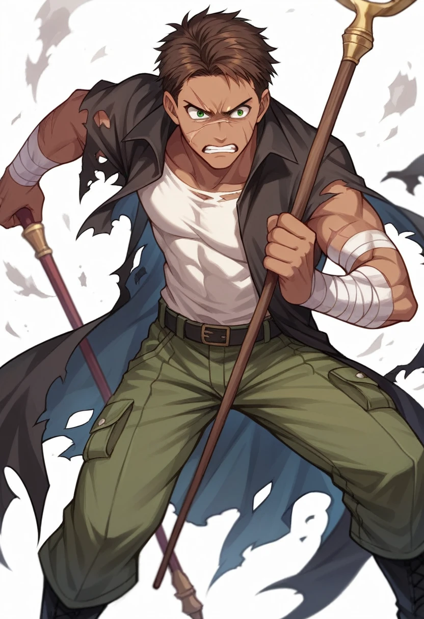 source_anime, score_9, score_8_up, score_7_up, score_6_up, score_5_up, score_4_up, masterpiece, best quality, detailed, 8k, brown hair, green eyes, man, 1boy, solo standing, fighting stance, magician, ripped cloak, torn cloak, holding a wooden staff, black skin tight shirt, bandaged arms, boots, cargo pants, scared face, scars, tanned skin,