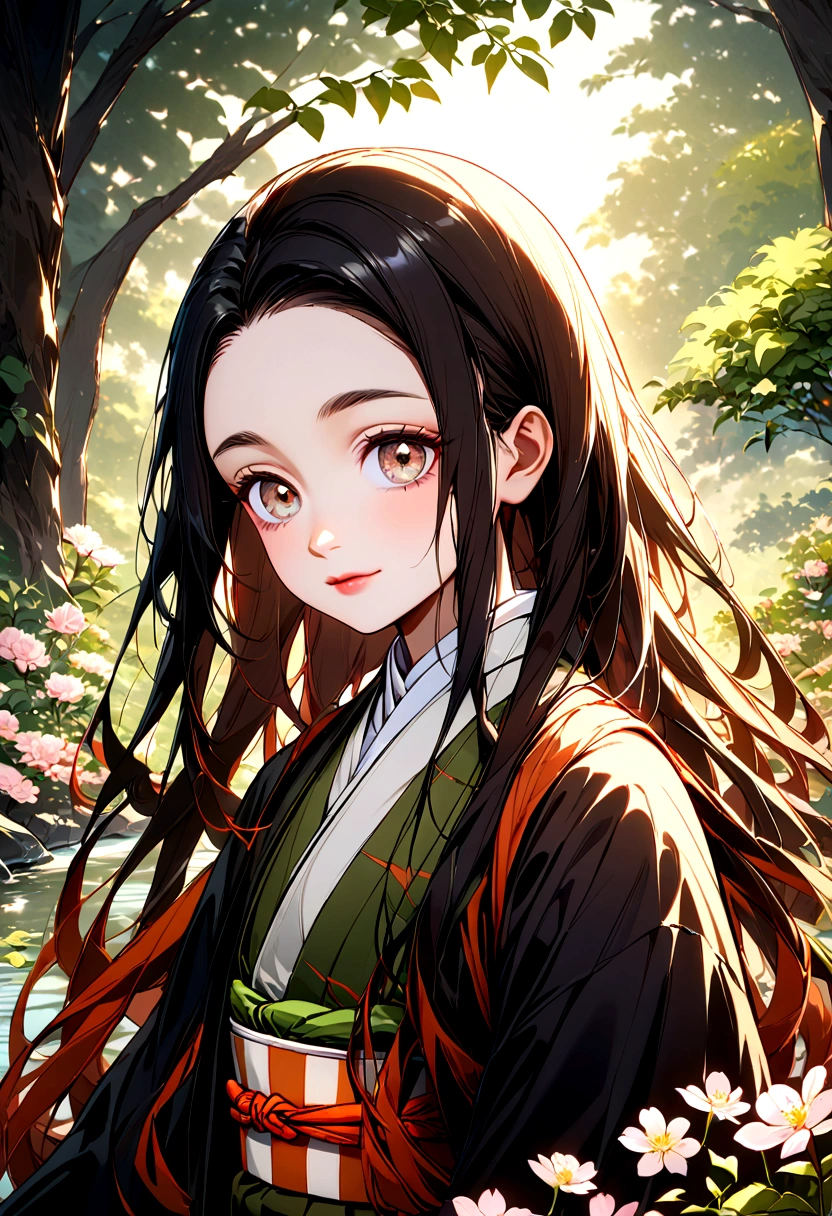 A close-up view of Nezuko from Demon Slayer, looking into the camera with a serene expression. The background features a peaceful natural setting with lush greenery, blooming flowers, and a gentle stream, creating a calm and tranquil atmosphere. Detailed textures, vibrant colors, ethereal lighting, hd quality
