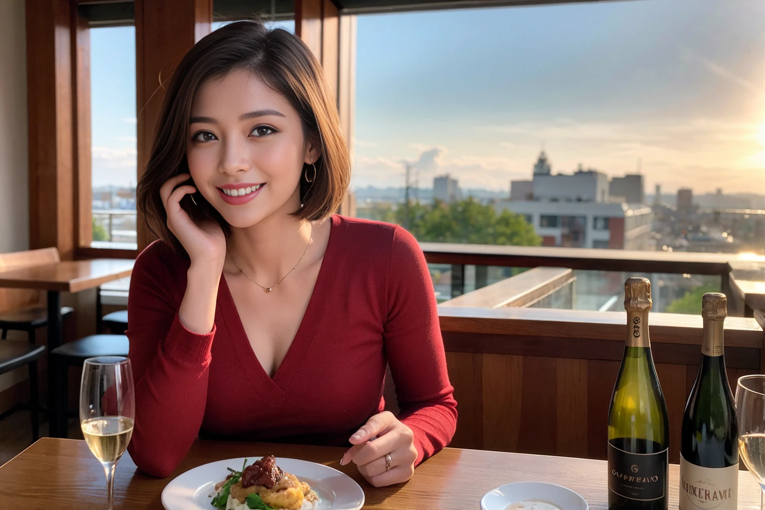 ((Highest quality、8K、masterpiece:1.3))、slimカップル、modelカップル、(Realistic, Intricate details:1.2), full-course dinner、Wine Party、Amazing view of the sunset sky and clouds、A bright smile、The wonderfulness of smile、Bright image、The beauty of wine, Beautiful Face, blue eyes, The light shines on your face, Blushing, short hair,Bright Face、 (Age 37), 39 years old, red wine 、Appetizers、Italian food、Wine bottle、Champagne、sparkling wine、Two beauties、Brown Hair、Shortcuts、Long sleeve shirt、dress、Beautiful woman 1, (slimな顔), (The body is slim), (Brown Hair), (Shortcuts), cheeks turn a little red,Attractive beauty、restaurant, In a prominent place (From the waist up) Nova Frog Style, actress, model, Upper Body, White wine, slim, wine glass, 中央に置かれたwine glass, smile, (smile: 1.15), Beautiful fine grain, Depth f/2,saturation, High Contrast, Strong light and shadow,Moist Body:1.5、3D texture、Delicate eyes、Brown Hair、The hair is very shiny、