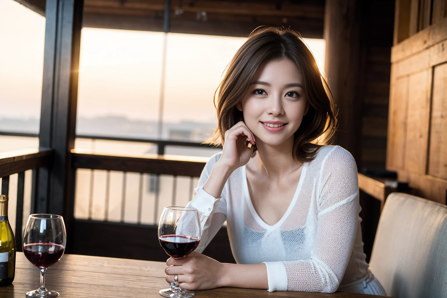 ((Highest quality、8K、masterpiece:1.3))、slimカップル、modelカップル、(Realistic, Intricate details:1.2), full-course dinner、Wine Party、Amazing view of the sunset sky and clouds、A bright smile、The wonderfulness of smile、Bright image、The beauty of wine, Beautiful Face, blue eyes, The light shines on your face, Blushing, short hair,Bright Face、 (Age 37), 39 years old, red wine 、Appetizers、Italian food、Wine bottle、Champagne、sparkling wine、Two beauties、Brown Hair、Shortcuts、Long sleeve shirt、dress、Beautiful woman 1, (slimな顔), (The body is slim), (Brown Hair), (Shortcuts), cheeks turn a little red,Attractive beauty、restaurant, In a prominent place (From the waist up) Nova Frog Style, actress, model, Upper Body, White wine, slim, wine glass, 中央に置かれたwine glass, smile, (smile: 1.15), Beautiful fine grain, Depth f/2,saturation, High Contrast, Strong light and shadow,Moist Body:1.5、3D texture、Delicate eyes、Brown Hair、The hair is very shiny、