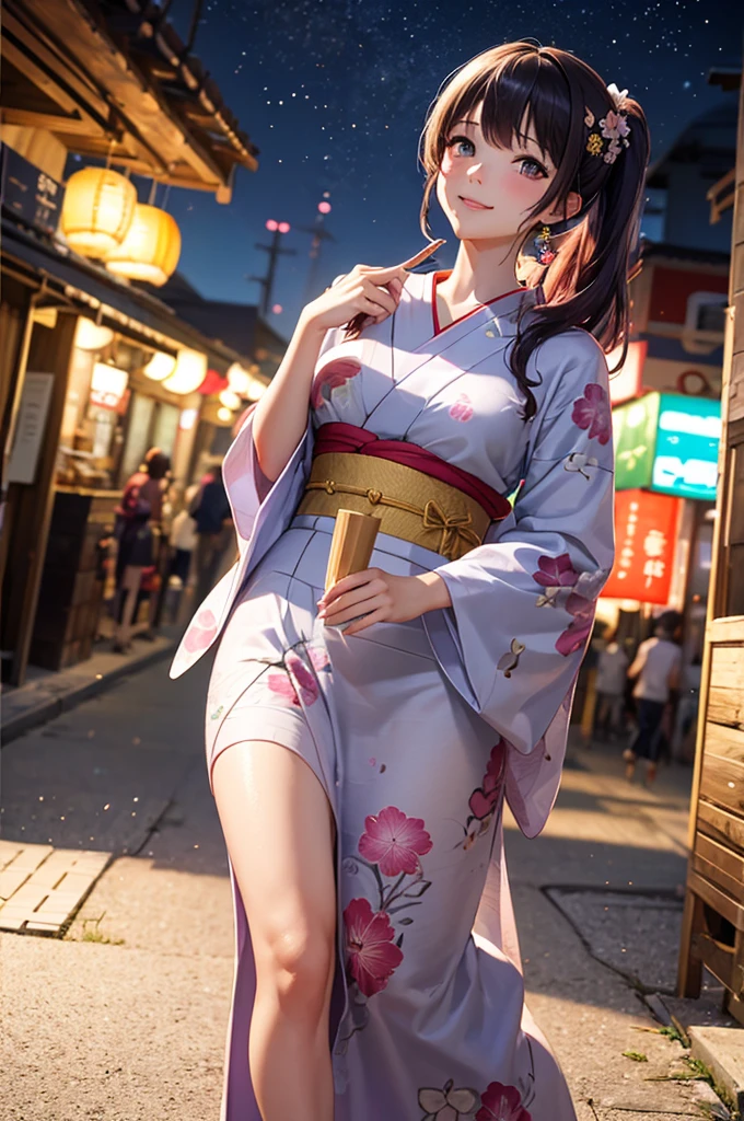 (Best Quality,High resolution,8K,finelity detailed background,Masterpiece:1.2),beautiful girl,Shiny purple hair,pony tail,Beautiful purple eyes,Gentle look,A refreshing look,Best quality,Best Quality,Aesthetic and aesthetic:1.2,Best details((Super detailed))(High-definition CG illustrations),yukata(Floral),Slender body,night,Fireworks display,Fireworks in the background,Fireworks,Japanese Festivals,street vendors,smile,blush,cute,Scrounge,Looking up,Being spoiled,super model,