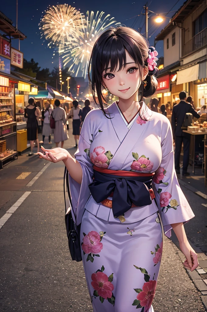 (Best Quality,High resolution,8K,finelity detailed background,Masterpiece:1.2),beautiful girl,Shiny purple hair,pony tail,Beautiful purple eyes,Gentle look,A refreshing look,Best quality,Best Quality,Aesthetic and aesthetic:1.2,Best details((Super detailed))(High-definition CG illustrations),yukata(Floral),Slender body,night,Fireworks display,Fireworks in the background,Fireworks,Japanese Festivals,street vendors,smile,blush,cute,Scrounge,Looking up,Being spoiled,super model,