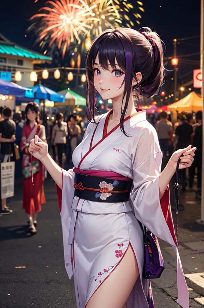 (Best Quality,High resolution,8K,finelity detailed background,Masterpiece:1.2),beautiful girl,Shiny purple hair,pony tail,Beautiful purple eyes,Gentle look,A refreshing look,Best quality,Best Quality,Aesthetic and aesthetic:1.2,Best details((Super detailed))(High-definition CG illustrations),yukata(Floral),Slender body,night,Fireworks display,Fireworks in the background,Fireworks,Japanese Festivals,street vendors,smile,blush,cute,Scrounge,Looking up,Being spoiled,super model,