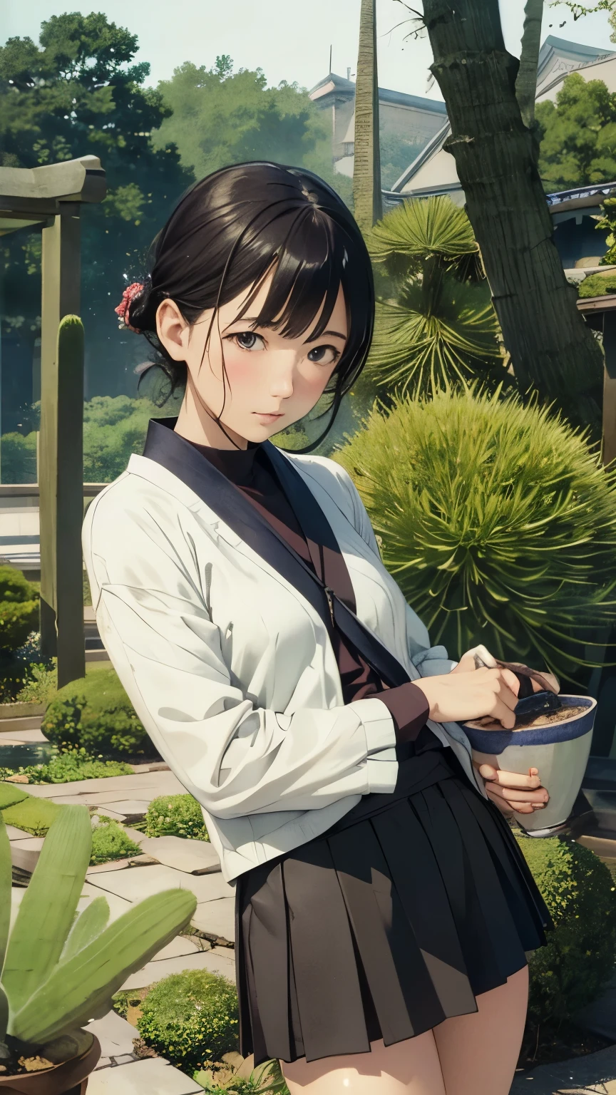 Yoshifumi Kondō, Yoshinori Kanada, Toshihiro Kawamoto, Arthur Rackham, Heinz Edelmann, Ethel Hays, Rafael de Penagos, Josh Kirby, Surrealism, wonder, strange, bizarre, fantasy, Sci-fi, Japanese anime, giant cactus bonsai kingdom, miniskirt beautiful girl watering, perfect voluminous body, wet wet, detailed masterpiece hand coloured drawings Hyper realistic sharp focus cinematic lighting shy embarrassed blushing looking at viewer zoom in real cute coquettish 