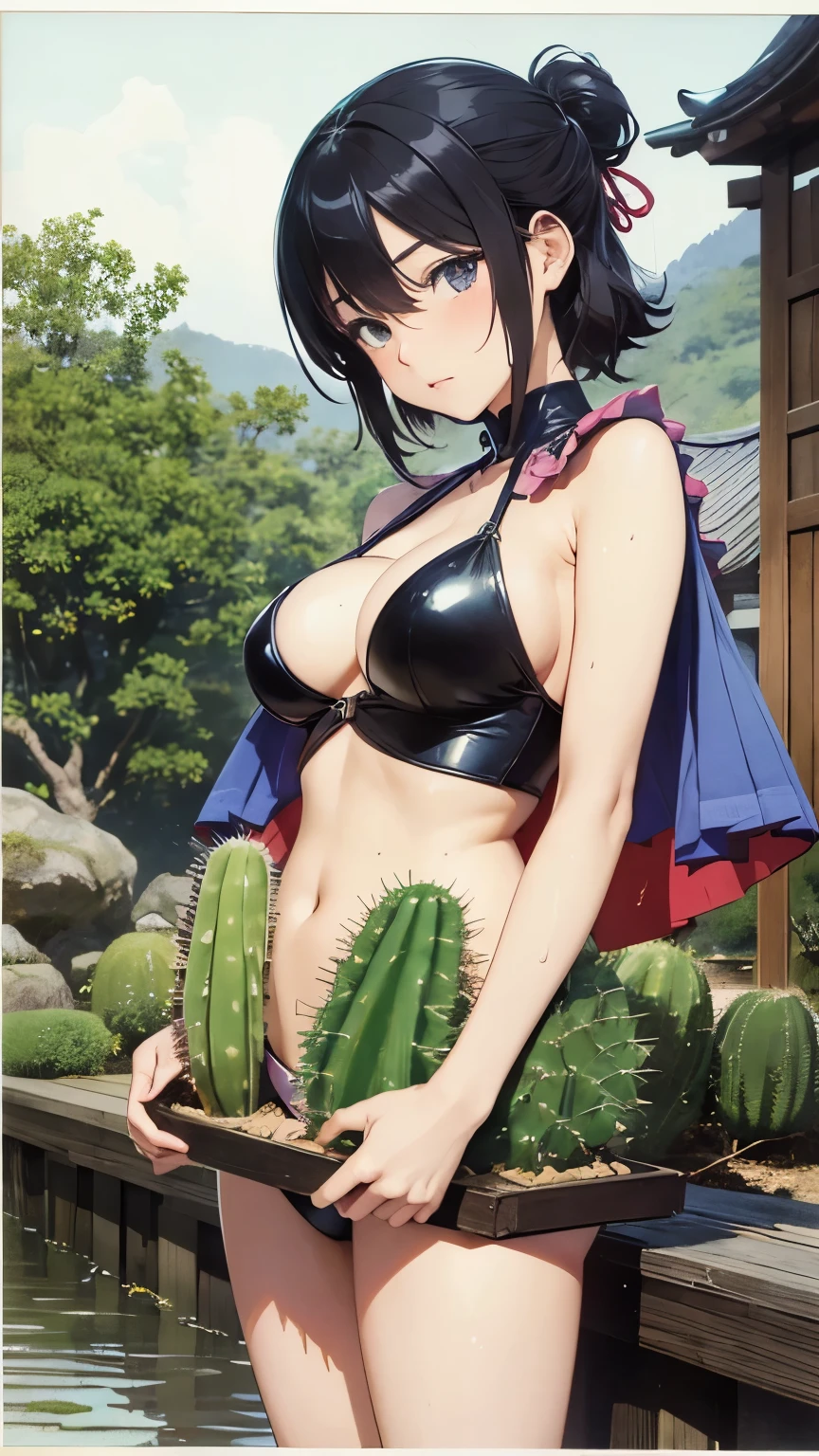 Yoshifumi Kondō, Yoshinori Kanada, Toshihiro Kawamoto, Arthur Rackham, Heinz Edelmann, Ethel Hays, Rafael de Penagos, Josh Kirby, Surrealism, wonder, strange, bizarre, fantasy, Sci-fi, Japanese anime, giant cactus bonsai kingdom, miniskirt beautiful girl watering, perfect voluminous body, wet wet, detailed masterpiece hand coloured drawings Hyper realistic sharp focus cinematic lighting shy embarrassed blushing looking at viewer zoom in real cute coquettish