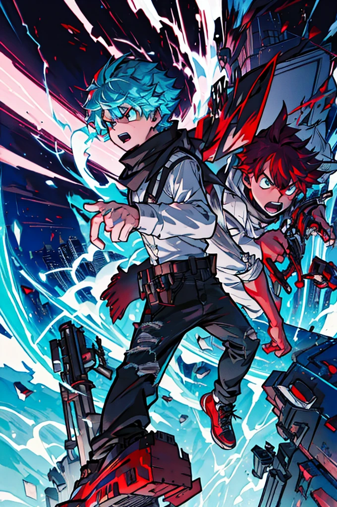 2boy, serious, angry expression, open mouth, teal color hair, cool wavy hairstyle, green eyes, wearing white shirt, wearing long black scarf, wearing black ripped jeans, wearing unique red shoes, blue electricity coming out of hands, crossing arms, attacking fighting position. 2boy, back side view, serious, angry expression, gritting his teeth, purple hair, white hair bangs highlight, red eyes, wearing dark cherry color sweater, wearing small black and white chest armor, wearing black baggy trousers, wearing dark red and white futuristic shoes, holding futuristic revolver on right hand pointing, revolver surrounded with blue electricity, left arm in front, offensive fighting position night time, destroyed city background, high res, ultrasharp, 8K, masterpiece.