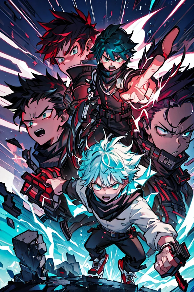 2boy, serious, angry expression, open mouth, teal color hair, cool wavy hairstyle, green eyes, wearing white shirt, wearing long black scarf, wearing black ripped jeans, wearing unique red shoes, blue electricity coming out of hands, crossing arms, attacking fighting position. 2boy, back side view, serious, angry expression, gritting his teeth, purple hair, white hair bangs highlight, red eyes, wearing dark cherry color sweater, wearing small black and white chest armor, wearing black baggy trousers, wearing dark red and white futuristic shoes, holding futuristic revolver on right hand pointing, revolver surrounded with blue electricity, left arm in front, offensive fighting position night time, destroyed city background, high res, ultrasharp, 8K, masterpiece.