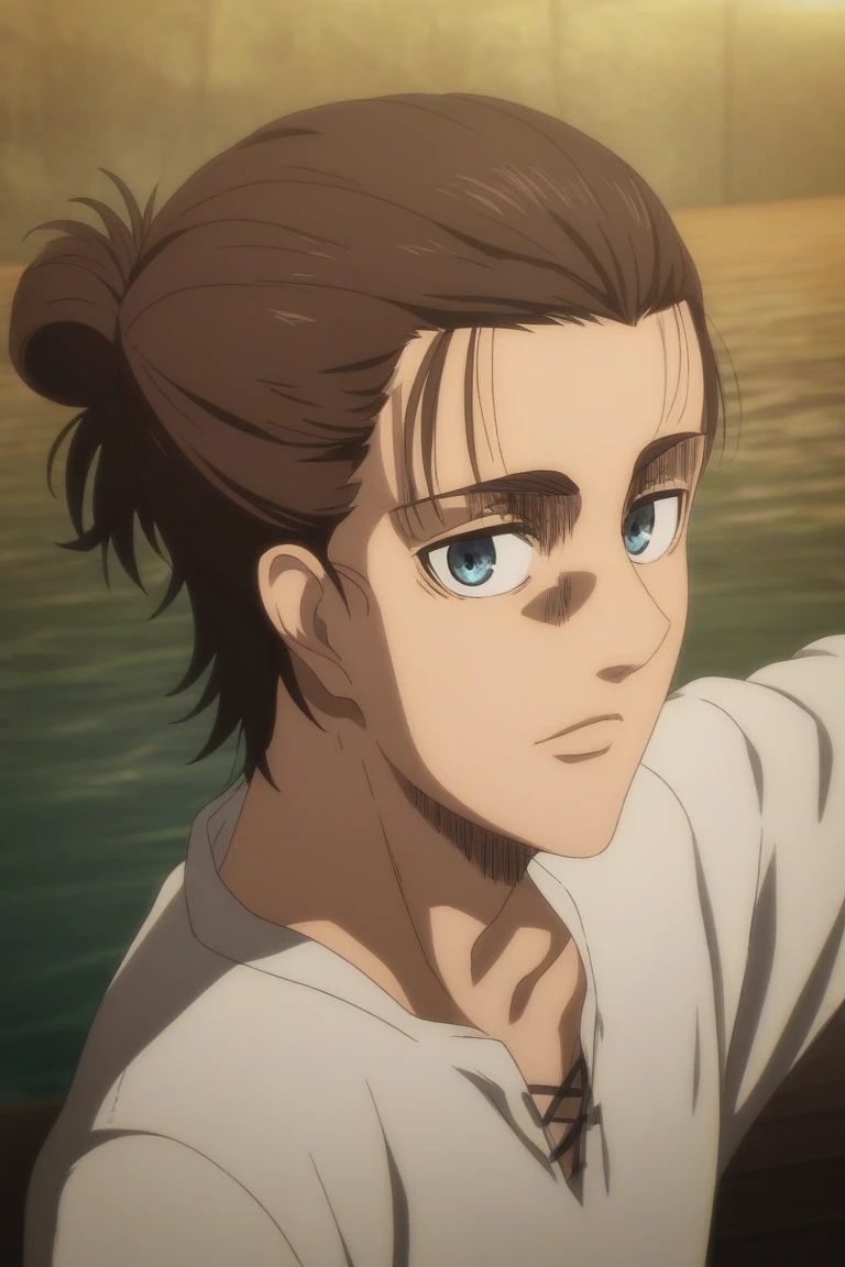 score_9, score_8_up, score_7_up, source_anime, rating_safe, , anime screencap, anime coloring, official style, looking at viewer, , 1boy, solo, male focus, eren_yeager_s4, brown hair, blue eyes, short hair, hair bun, single hair bun, sunglassss, rule of thirds, lake, indoors, stretching, naughty smile, , 