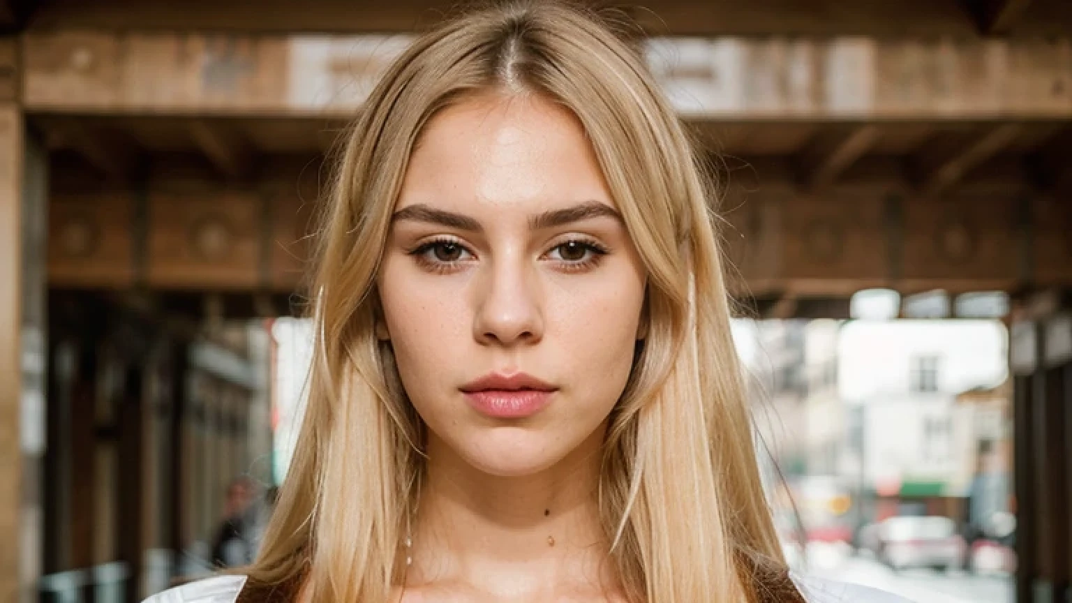 wide format photographic portrait nice beautiful german angry young lady, [location] ​​in the background, lustful face, square face shape, full cheeks, straight-across fringe hairstyle, blonde hair color, full lips, business makeup, thin eyebrows, sexy look, sexy lips, extreme fashion style, realistic skin, detailed composition, symmetrical, photorealistic accuracy, without inscriptions