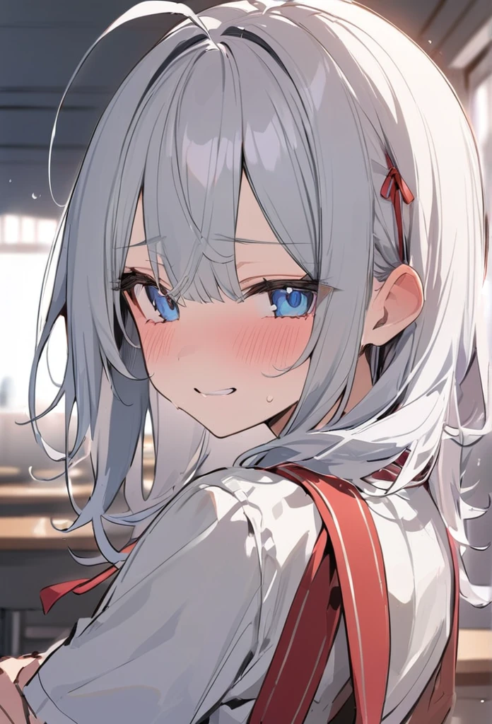 「Cute neighbor Aarya blushing in embarrassment、Anime Style、Face close-up、Long silver hair、Blue eyes、((Wear a small red ribbon on the right side of your head))、uniform、Redness on the cheeks、A shy smile、Soft pastel colors、Soft lighting、high quality、Typical Russian apartment detailed background」In the classroom、masterpiece、high quality、sketch.Ahoge