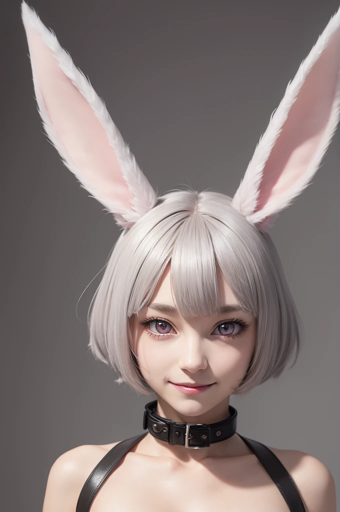 an anthropomorphic character with rabbit-like features. She has a lot of time, furry ears, short gray hair, pink eyes and a slightly mischievous smile. The character is completely naked, just use a collar.