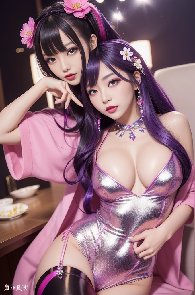 sexy Japanese model who controls poison、beautiful smile、lip-gloss、long lashes、bold lipstick、colorful metallic makeup、look at the camera、full body Esbian、、sparkling poisoned flower costume、、、、sparkling Colorful hair、secrete poison、skull hair accessories、sexy tights、shiny sparkling flowers background