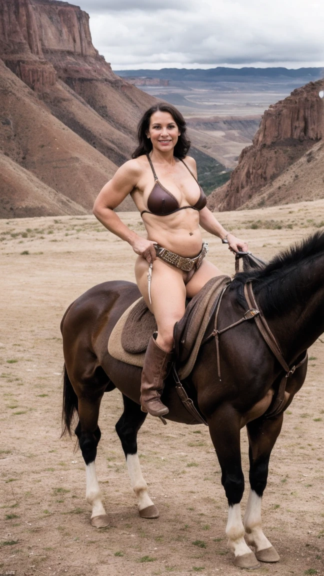 Solo milf, cowgirl at western, hot fleshy cougar, leather bikini top, leather hotpants with cowboy belt, cowboy boots, fullbody pose, revolver holster on thigh, surrounded by wildwest canyon view vibe while riding a stallion-horse with impressive huge horse cock),BREAK, (masterpiece),(best quality),(masutaa piisu),BREAK, the horse is displaying its huge horse-penis,must generate horse cock for the stallion-horse, riding on a horse, cloudy sky,
