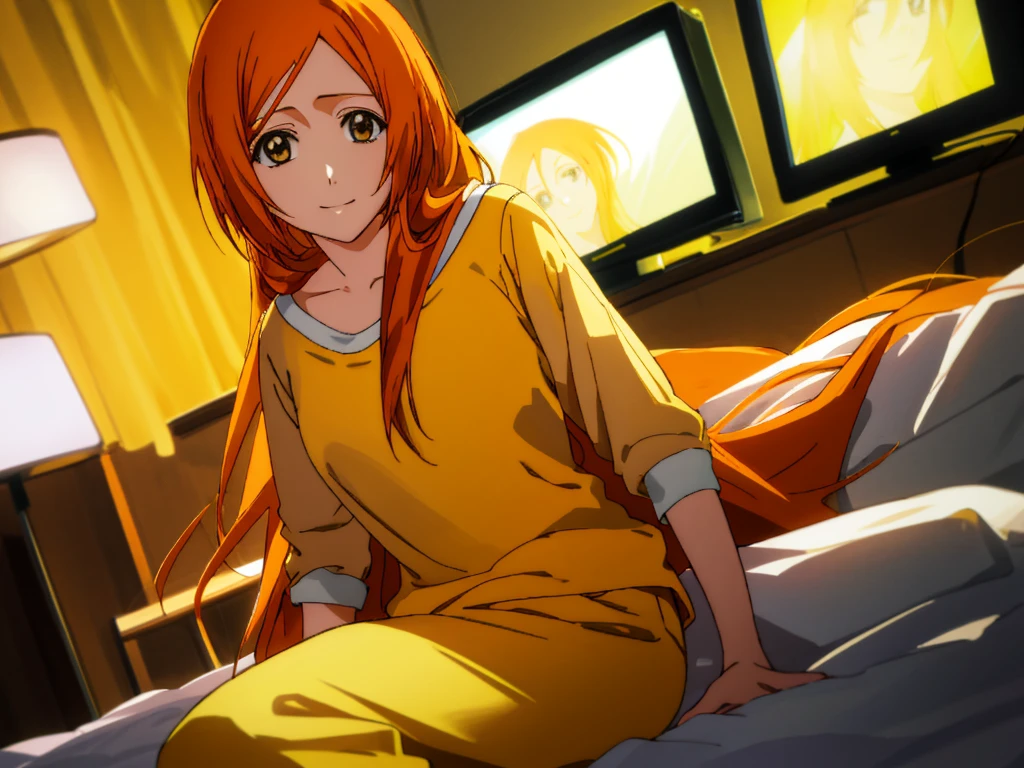 Orihime Inoue, 1girl, Single, Sitting on bed, Wearing yellow pajamas, Yellow shirt, Yellow pants, Hair between the eyes, long hair, Hair decoration, Looking at the viewer, Untidy hair, Orange hair, Single, Thighs, long hair, ((Masterpiece)), She smiles, dark room, tv in background