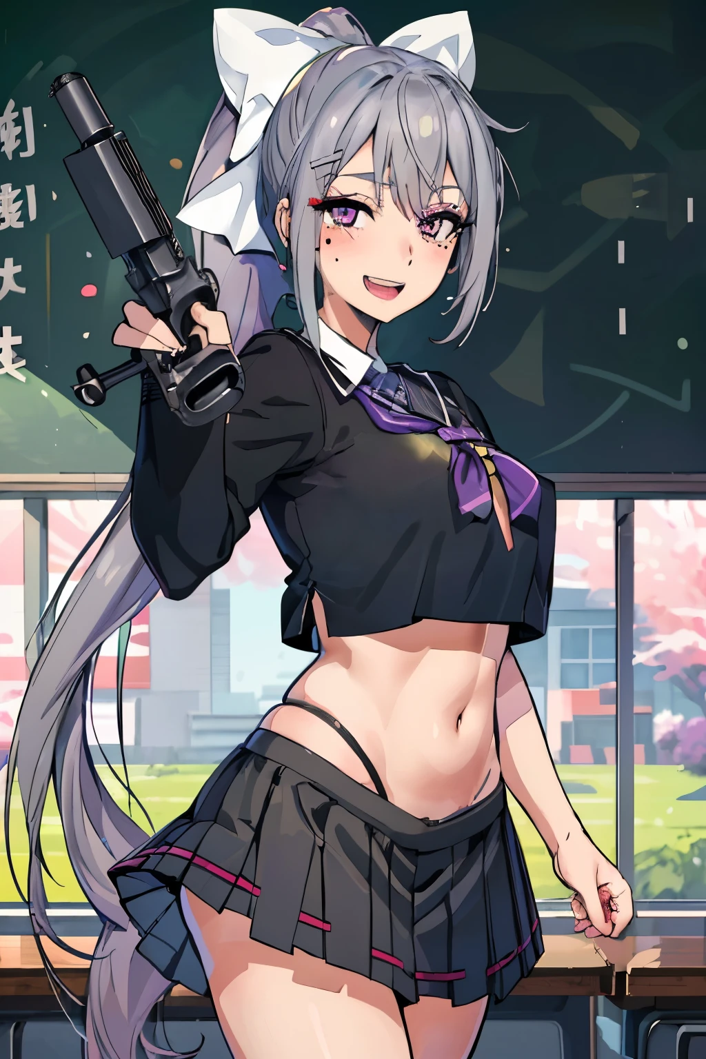 higuchi kaede, 1girl, virtual youtuber, solo, long hair, mole under eye, purple eyes, ponytail, very long hair, hairclip, grey hair, blush, lipstick, masterpiece, best quality, highly detailed, a anime girls in sailor uniforms with a gun posing for a picture,
evil smile, smile, open mouth,black_serafuku, ecchi anime style, anime girls , (nsfw) not safe for work,
ecchi style, ecchi, shipgirls, digital anime art!!, high school girls, holding a gun, hold a gun, anime style 4
k, micro skirt, exposed belly, exposed navel, exposed midriff,
exposed lower belly,school, classroom,