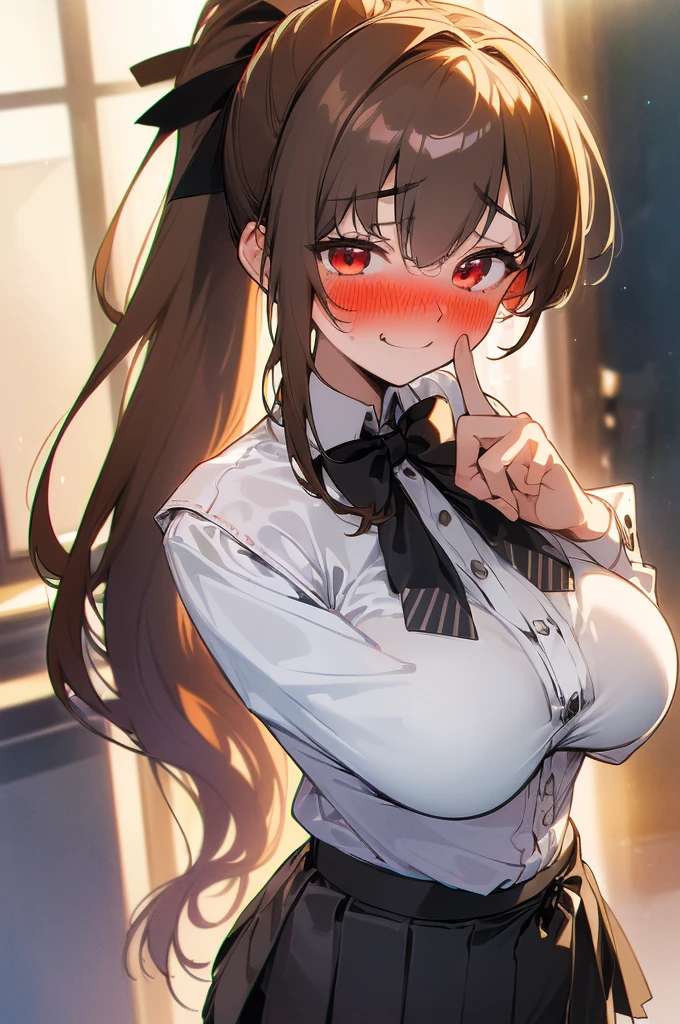 {masterpiece, distinct_image, extremely detailed CG, (extremely detailed fine touch:1.2),beautiful eyes and detailed face, (white_light, light rays, dappled light, ray tracing:1.2), photo realistic, 4k, 8k, high_resolution, (perfect_finger:1.5), (beautiful_detailed_eyes:1.3), glitter, white_light, (glow_white_face, front_light:1.3),{1girl, face_focus, looking for_in_viewer, cowboy_shot, standing},{adult,curvy, (huge_breasts, wide_hip:1.3),thigh_gap, groin, narrow waist, skinny stomach,(Fantasy Academy school student uniform, white button shirt, black bow tie, mini pleated skirt:1.7),(brown hair, long hair, red eyes, bangs, ponytail:1.3),absurd expression, embarrassed face}