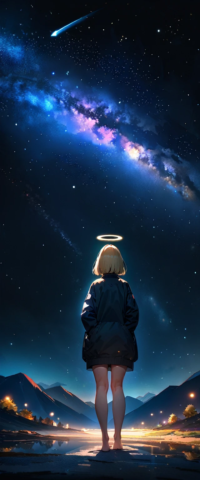 (((A meteor shower dancing in the night sky, countless stars twinkling in the clear air, a beautiful starry sky, the Milky Way shining beautifully in the night))), big white wing, halo, hands in pockets, looking up, mountain, wide shot, back shot, a girl, bob cut, bare legs, bare foot, blond hair, (best quality, 4K, 8K, highres, masterpiece:1.2, ultra-detailed, HDR, uhd, studio lighting, ultra-fine painting, sharp focus, physically-based rendering, extreme detail description, professional, vivid colors, bokeh)