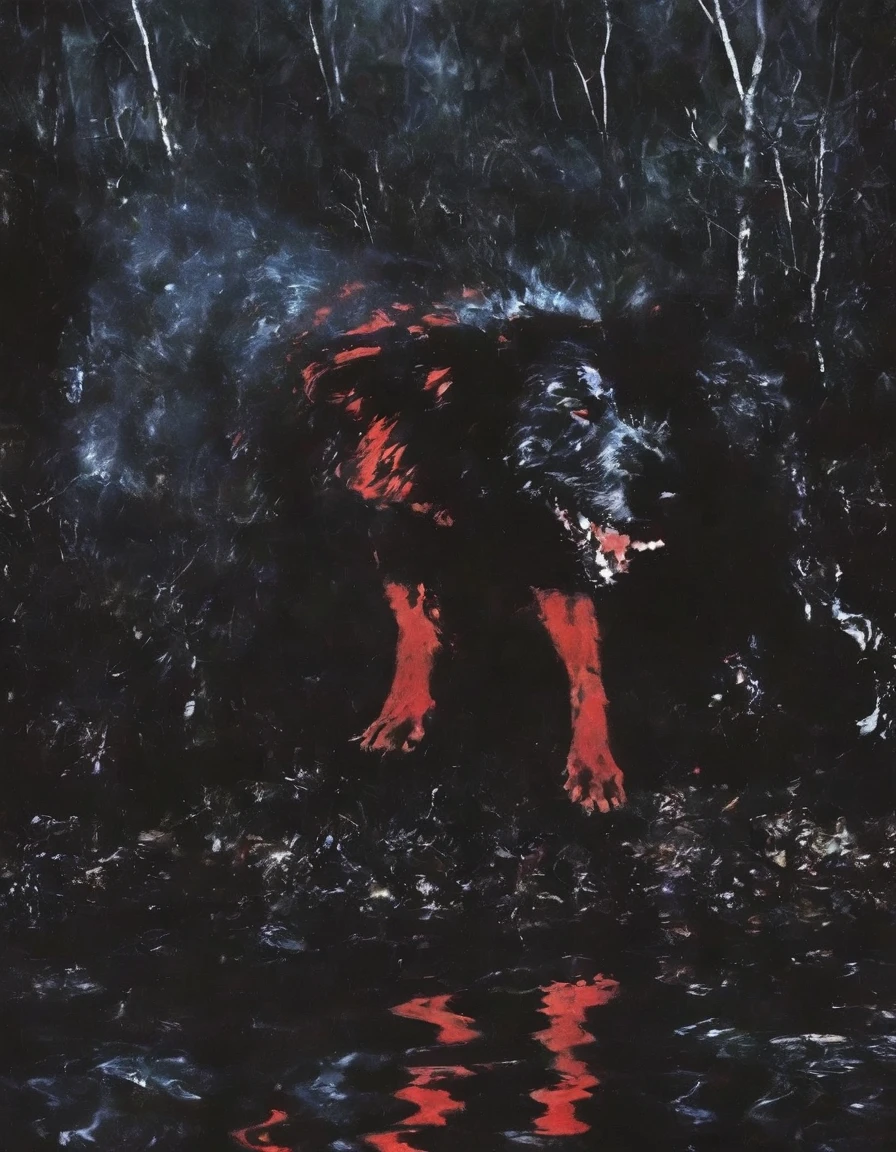 dog in dark forest, redV style