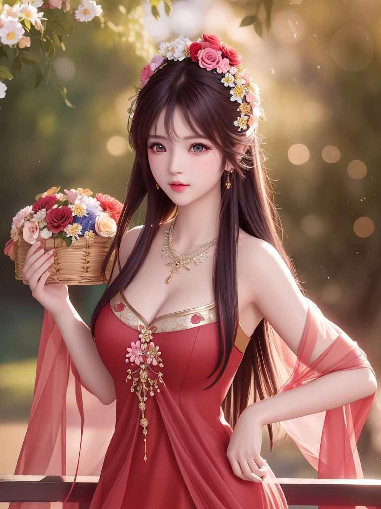 best quality, masterpiece, High target, There is a girl with a basket of flowers on her head, Big beauty,Very sexy,Btiful red dress, Hair Decorationss, necklace, Decorations, Pretty Face, When the body, Tyndall effect, Realistic Portraits, Edge lighting, Two-color light, (Very delicate skin:1.2), 8K uhd, Digital SLR Camera, Soft Light, high quality, Volumetric Lighting, Honest, photo, high resolution, 4K, 8K, Bokeh,Colored hair,Pink Eyes.