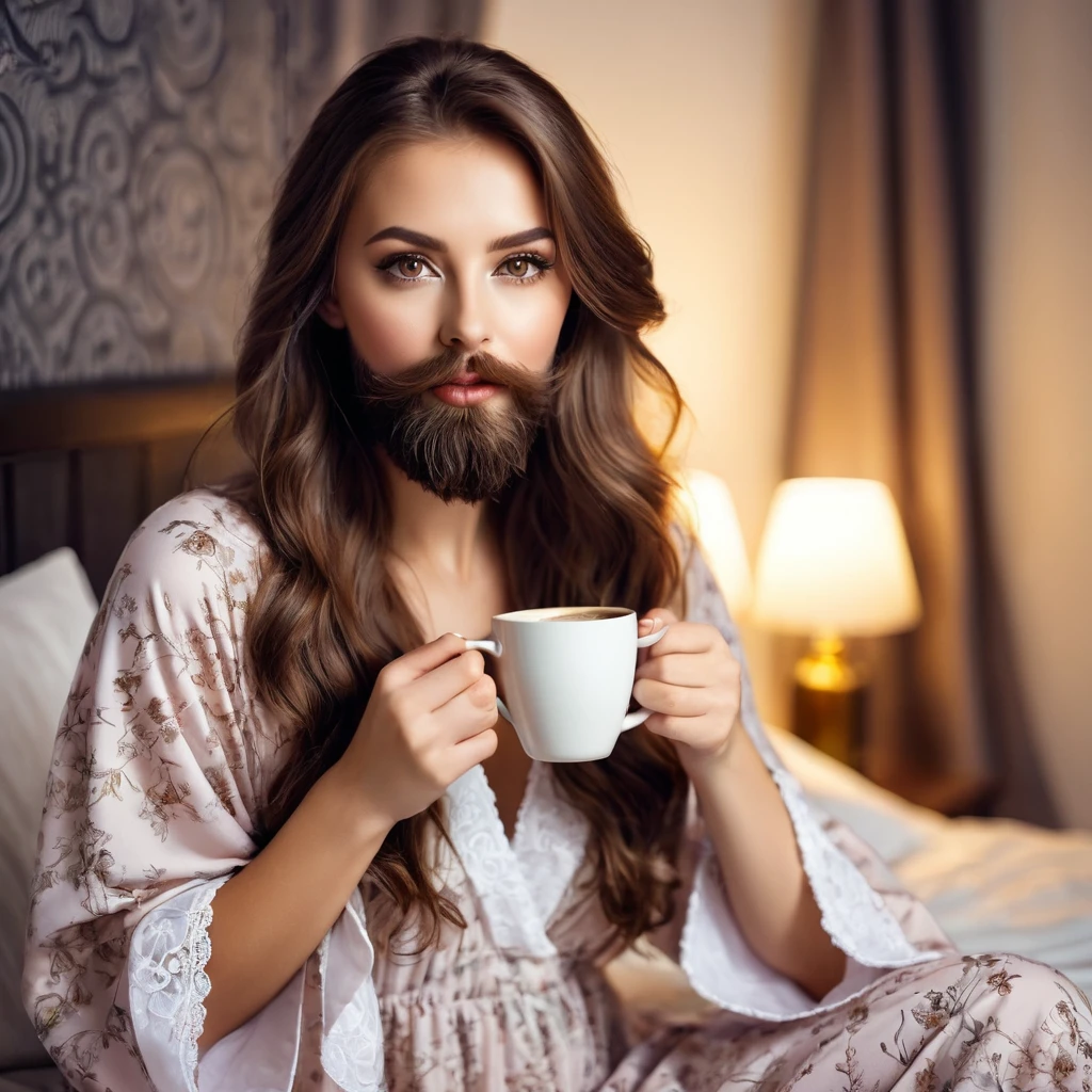 woman with a beautiful, well-groomed beard, brown hair, amber eyes, in a nightgown, drinks coffee