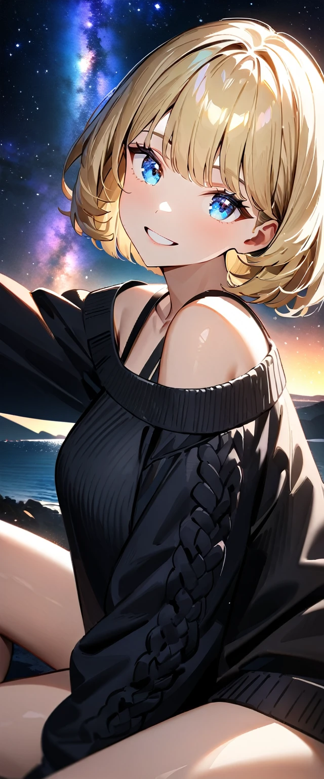 ((reaching)), (((focus on face))), ((extreme close up face)), (((a beautiful starry sky, the Milky Way shining beautifully in the night))), ((off-shoulder sweater:1.3, Quite thick shoulder straps)), ((black sweater)), ((Aran sweater)), ((((from side)))), ((sitting on the very high cliff)), wavy hair, inward curled hair, sea, ((blond hair, bob cut:1.3)), breasts, teenager, (looking at viewer), oversized clothes, puffy long sleeves, collarbone, head tilt:1.3, (((blue eyes))), happy smile, (((anime style))), (best quality, 4K, 8K, highres, masterpiece:1.2, ultra-detailed, ultra-detailed eyes, HDR, uhd, studio lighting, ultra-fine painting, sharp focus, physically-based rendering, extreme detail description, professional, vivid colors, bokeh)