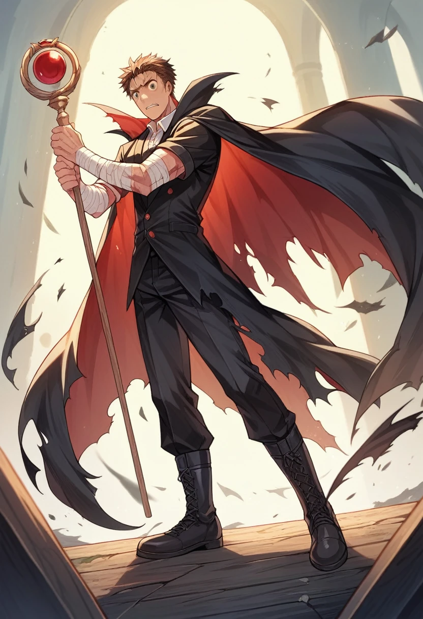 source_anime, score_9, score_8_up, score_7_up, score_6_up, score_5_up, score_4_up, masterpiece, best quality, detailed, 8k, brown hair, green eyes, man, 1boy, solo standing, magician, ripped cloak, torn cloak, holding a wooden staff, black skin tight body suit, red markings on suit, bandaged arms, boots, cargo pants, scared face, scars,