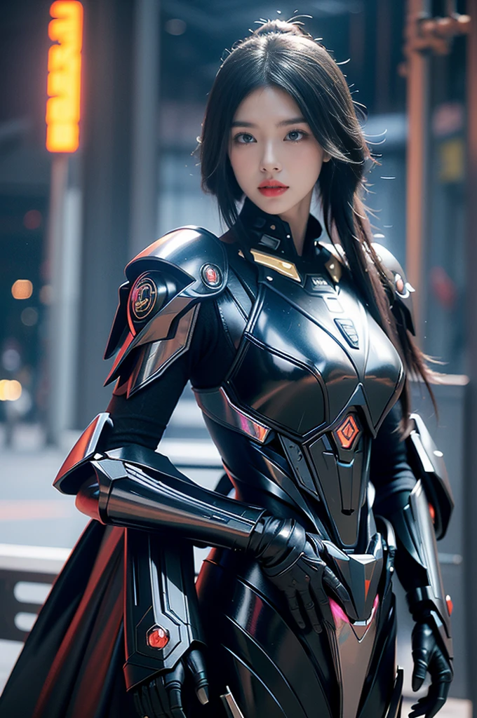 Game Art，Best image quality，Maximum resolution，8K，((A bust photo))，((portrait))，(Rule of Thirds)，Unreal Engine 5 rendering works， (Future girl)，(Female Warrior)， 22-year-old young hacker)，(Oriental hairstyle)，(Beautiful eyes full of details)，(Large Breasts)，(Eyeshadow)，Elegant and charming，indifferent，((frown))，(Combat uniforms full of futuristic technology，This costume combines futuristic power armor and，Clothing is decorated with glittering patterns and emblems)，Cyberpunk Characters，in the style of futuristic， lamp，Ray Tracing，Game CG，((3D Unreal Engine))，OC rendering reflection mode