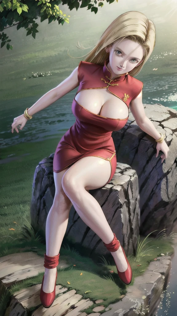 android 18,blonde hair,(((long hair))),blue eyes,(long slit red sexy cheongsam), (Red),looking at the audience,face smile,close-up, portrait, river,rock, ,tree,blue sky,high quality,masterpiece,sexy body, sexy Red Dress, red,perfect big breasts, Hyperrealistic intricate detail, Cinematic, 8K resolution, 70mm, Accent Lighting, Global Illumination, Full body portrait, clean detailed faces,