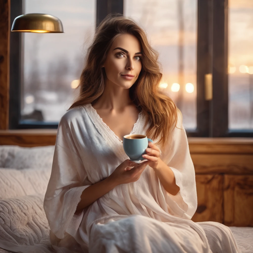woman with a beautiful, well-groomed beard, brown hair, amber eyes, in a nightgown, drinks coffee